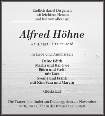 Traueranzeige von Alfred Höhne von Norddeutsche Rundschau