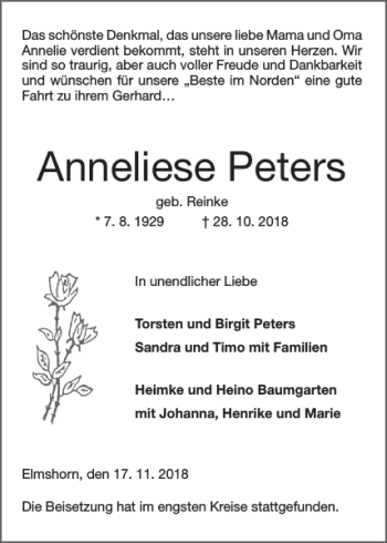 Traueranzeige von Anneliese Peters von Elmshorner Nachrichten