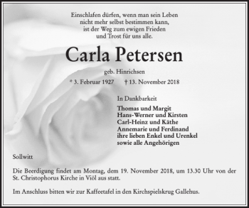 Traueranzeige von Carla Petersen von Husumer Nachrichten