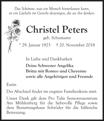 Traueranzeige von Christel Peters von Ostholsteiner Anzeiger