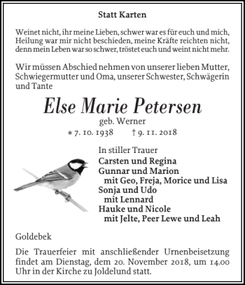 Traueranzeige von Else Marie Petersen von Husumer Nachrichten