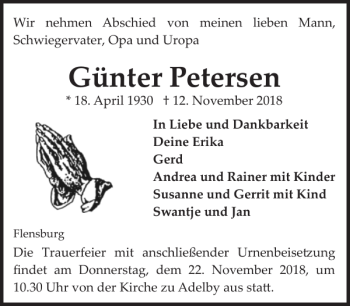 Traueranzeige von Günter Petersen von Flensburger Tageblatt