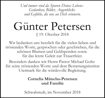 Traueranzeige von Günter Petersen von Husumer Nachrichten