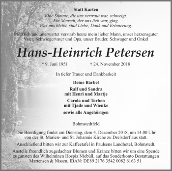 Traueranzeige von Hans-Heinrich Petersen von Husumer Nachrichten