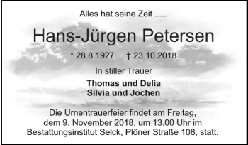 Traueranzeige von Hans-Jürgen Petersen von Holsteinischer Courier
