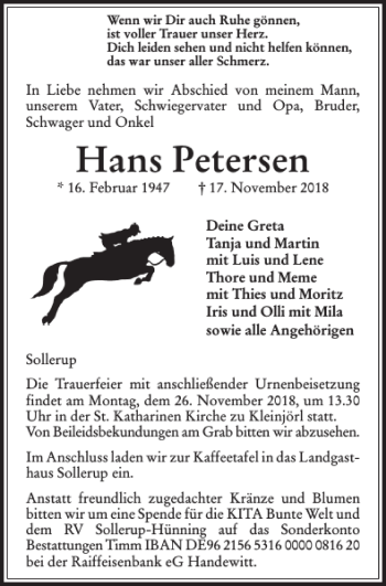 Traueranzeige von Hans Petersen von Flensburger Tageblatt