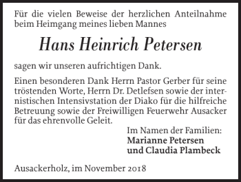 Traueranzeige von Hans Heinrich Petersen von Flensburger Tageblatt