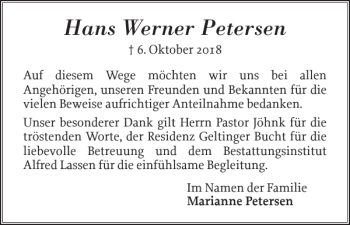 Traueranzeige von Hans Werner Petersen von Schlei-Bote
