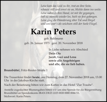 Traueranzeige von Karin Peters von Norddeutsche Rundschau