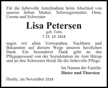 Traueranzeige von Lisa Petersen von Flensburger Tageblatt