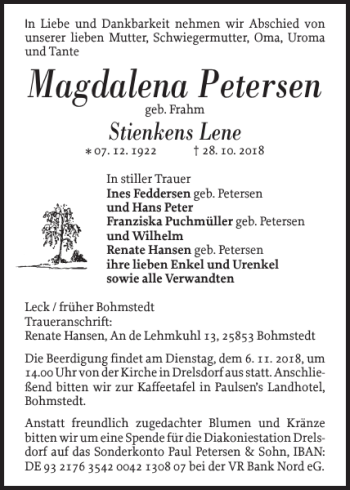 Traueranzeige von Magdalena Petersen von Husumer Nachrichten