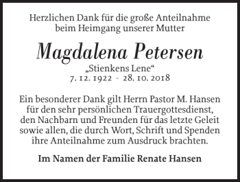 Traueranzeige von Magdalena Petersen von Husumer Nachrichten