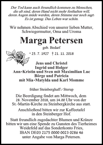Traueranzeige von Marga Petersen von Flensburger Tageblatt