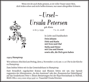Traueranzeige von Ursel Ursula Petersen von Nordfriesland Tageblatt