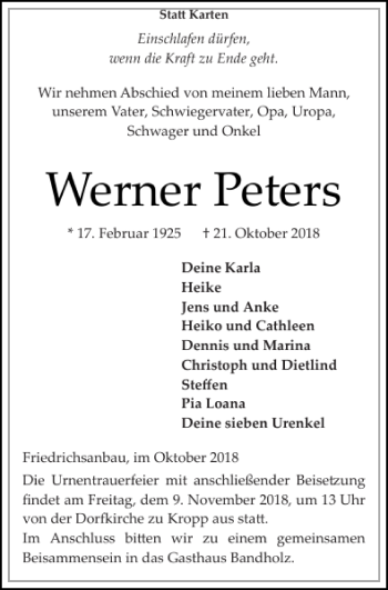 Traueranzeige von Werner Peters von Landeszeitung
