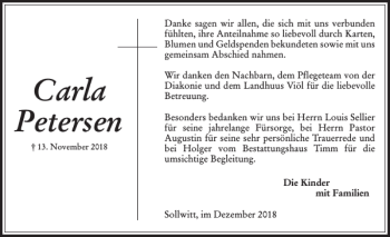 Traueranzeige von Carla Petersen von Husumer Nachrichten