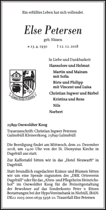 Traueranzeige von Else Petersen von Husumer Nachrichten