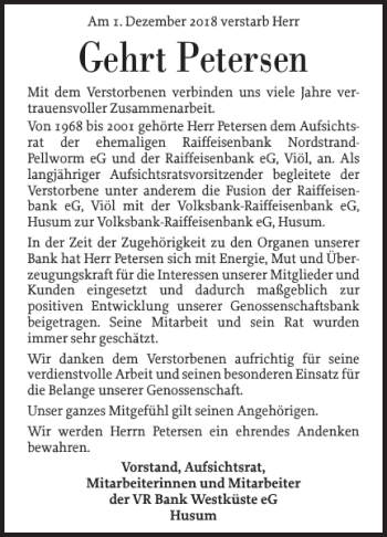 Traueranzeige von Gehrt Petersen von Husumer Nachrichten