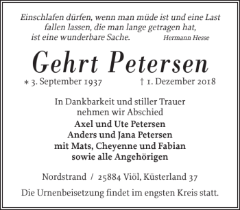 Traueranzeige von Gehrt Petersen von Husumer Nachrichten