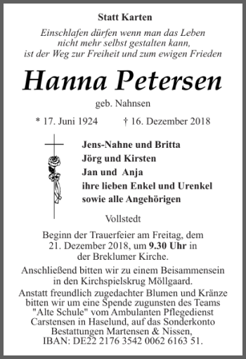 Traueranzeige von Hanna Petersen von Husumer Nachrichten