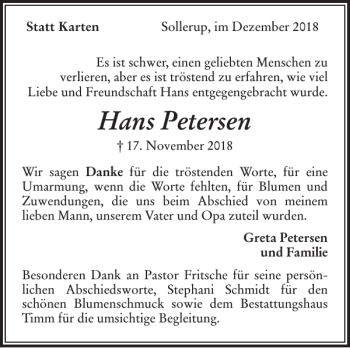 Traueranzeige von Hans Petersen von Flensburger Tageblatt