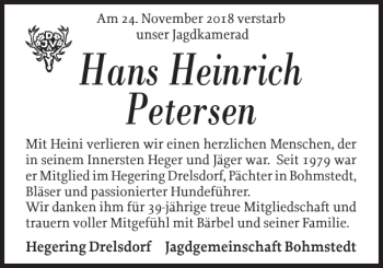 Traueranzeige von Hans Heinrich Petersen von Husumer Nachrichten