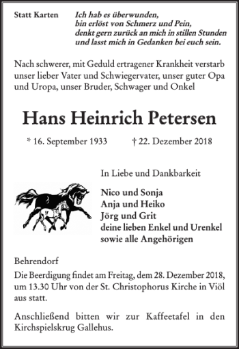 Traueranzeige von Hans Heinrich Petersen von Flensburger Tageblatt
