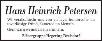 Traueranzeige von Hans Heinrich Petersen von Husumer Nachrichten
