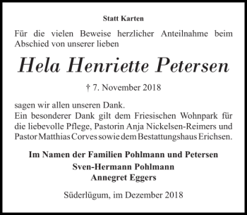 Traueranzeige von Hela Henriette Petersen von Flensburger Tageblatt