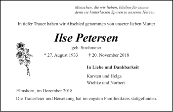 Traueranzeige von Ilse Petersen von Elmshorner Nachrichten