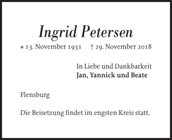 Traueranzeige von Ingrid Petersen von Flensburger Tageblatt