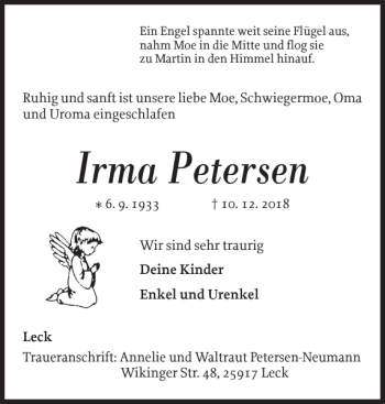 Traueranzeige von Irma Petersen von Nordfriesland Tageblatt