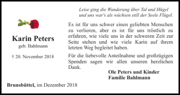 Traueranzeige von Karin Peters von Norddeutsche Rundschau