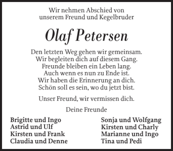 Traueranzeige von Olaf Petersen von Flensburger Tageblatt