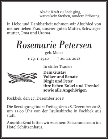 Traueranzeige von Rosemarie Petersen von Landeszeitung