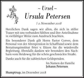 Traueranzeige von Ursula Petersen von Nordfriesland Tageblatt