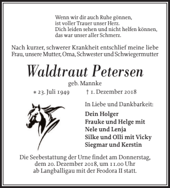 Traueranzeige von Waldtraut Petersen von Flensburger Tageblatt