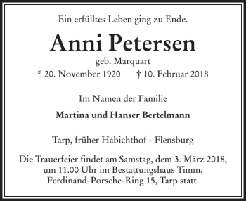 Traueranzeige von Anni Petersen von Flensburger Tageblatt