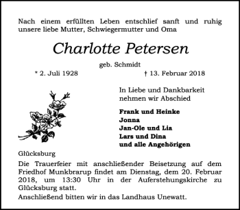 Traueranzeige von Charlotte Petersen von Flensburger Tageblatt