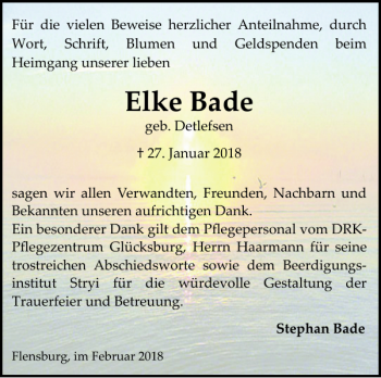Traueranzeige von Elke Bade von Flensburger Tageblatt