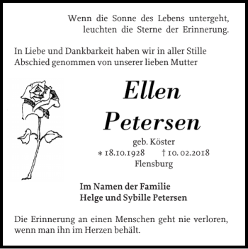Traueranzeige von Ellen Petersen von Flensburger Tageblatt
