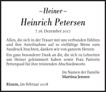 Traueranzeige von Heinrich Petersen von Nordfriesland Tageblatt