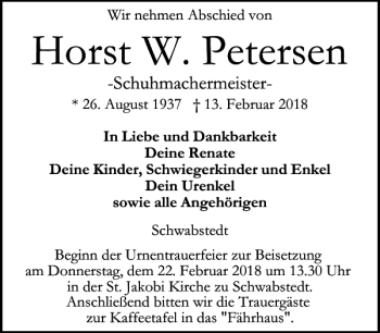 Traueranzeige von Horst W. Petersen von Husumer Nachrichten