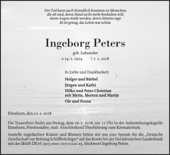 Traueranzeige von Ingeborg Peters von Elmshorner Nachrichten