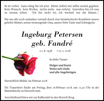 Traueranzeige von Ingeburg Petersen geb. Fandré von Flensburger Tageblatt