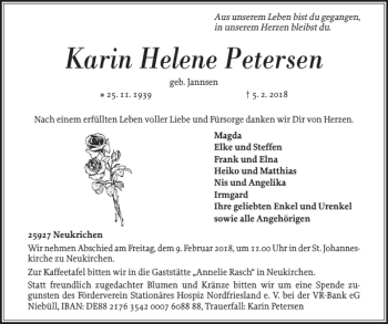 Traueranzeige von Karin Helene Petersen von Nordfriesland Tageblatt