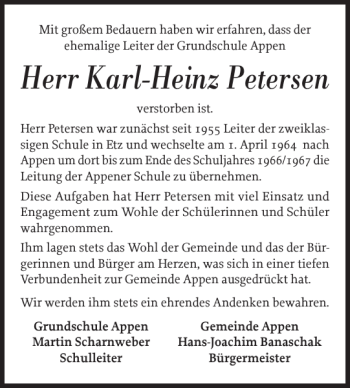 Traueranzeige von Karl-Heinz Petersen von Pinneberger Tageblatt