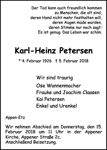 Traueranzeige von Karl-Heinz Petersen von Pinneberger Tageblatt