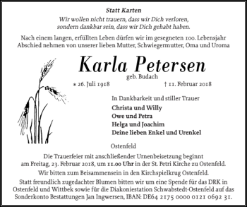 Traueranzeige von Karla Petersen von Husumer Nachrichten