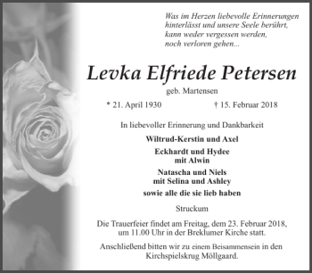 Traueranzeige von Levka Elfriede Petersen von Husumer Nachrichten